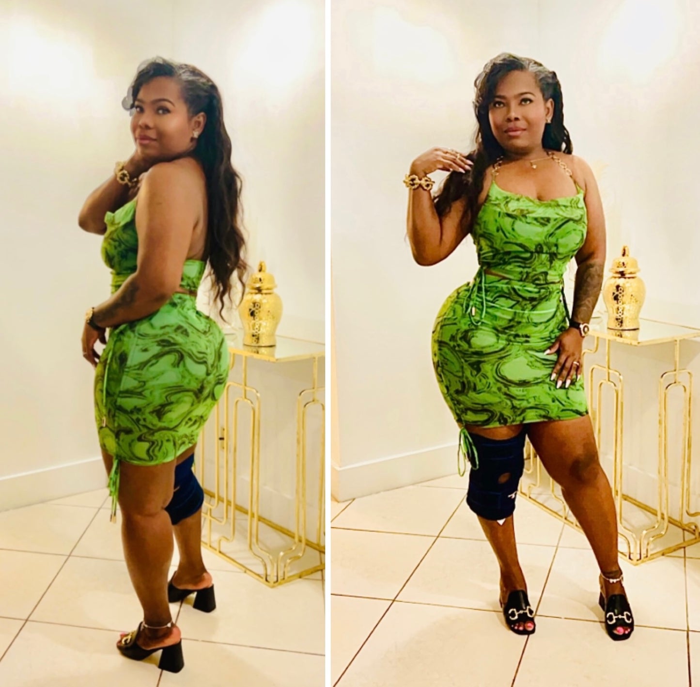GREEN PRINTED COWL MINI SKIRT SET